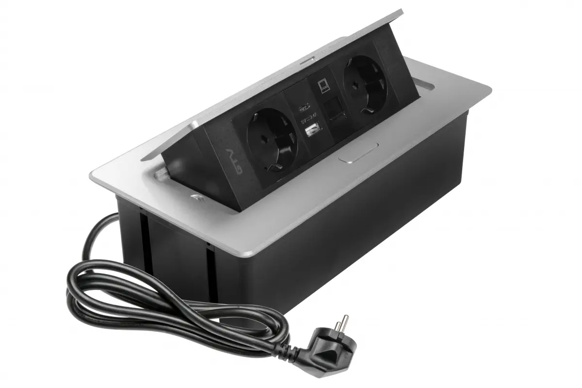 PRIZE INCORPORABILE IN BLAT - Priza incorporabila MULTISOFT 2 x Schuko, USB A + C, RJ45, cablu 1.5 m, gri