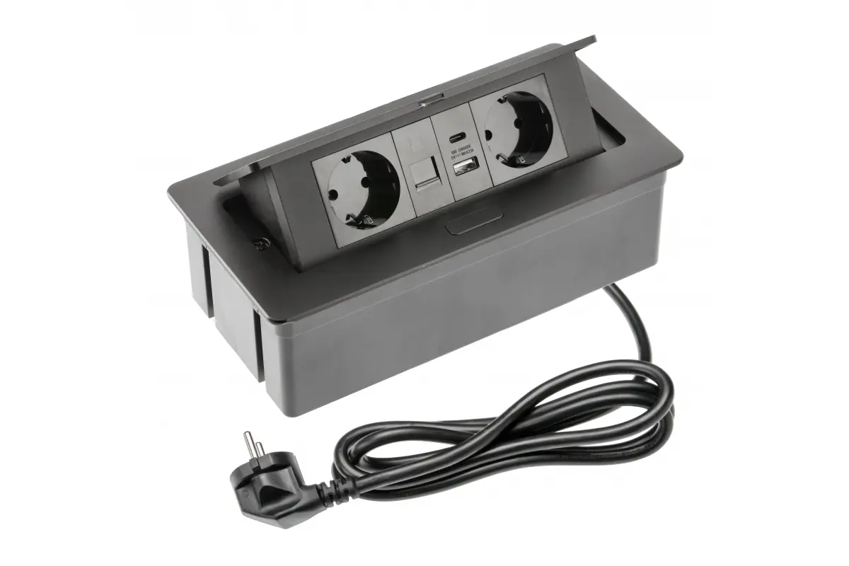 PRIZE INCORPORABILE IN BLAT - Priza incorporabila MULTISOFT 2 x Schuko, USB A + C, RJ45, cablu 1.5 m, negru