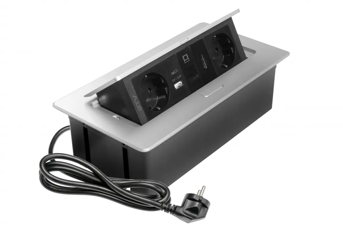 PRIZE INCORPORABILE IN BLAT - Priza incorporabila MULTISOFT 2 x Schuko, USB A + C, RJ45, HDMI, cablu 1.5 m, gri