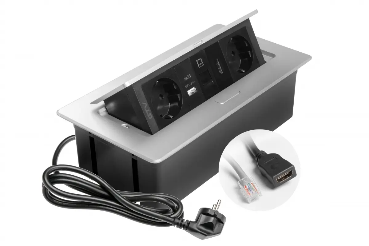 Priza incorporabila MULTISOFT 2 x Schuko, USB A + C, RJ45, HDMI, cablu 1.5 m, gri [1]