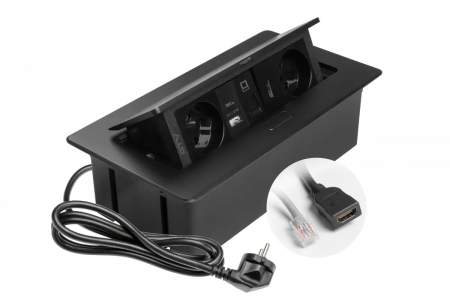 PRIZE INCORPORABILE IN BLAT - Priza incorporabila MULTISOFT 2 x Schuko, USB A + C, RJ45, HDMI, cablu 1.5 m, negru