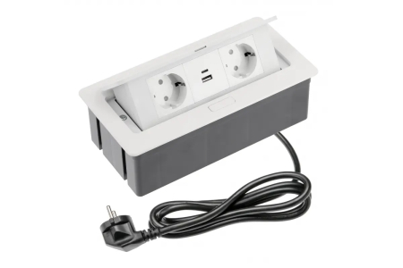 PRIZE INCORPORABILE IN BLAT - Priza incorporabila SOFT 2 x Schuko, USB A + C, cablu 1.5 m, alb mat