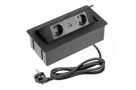 PRIZE INCORPORABILE IN BLAT - Priza incorporabila SOFT 2 x Schuko, USB A + C, cablu 1.5 m, negru
