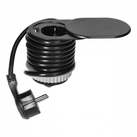 PRIZE INCORPORABILE IN BLAT - Priza SLIDE incorporabila Schuko, USB A, cablu 1.9 m, negru, 60 mm