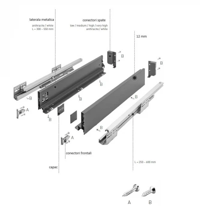 Sertar AxisPro 450 mm, H200 mm, soft-close, extragere totala, 40 kg, alb, laterale metalice. ​​​​​​​ [1]