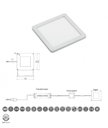 Spot LED Vegas Duo 3W, 100x100 mm, lumina calda si rece, cablu 2 ml inclus [2]