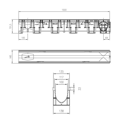 Rigola ACO Galaline PP, Lxlxh=100x14.5x15.15cm, grătar pietonal oțel zincat, A15 [3]