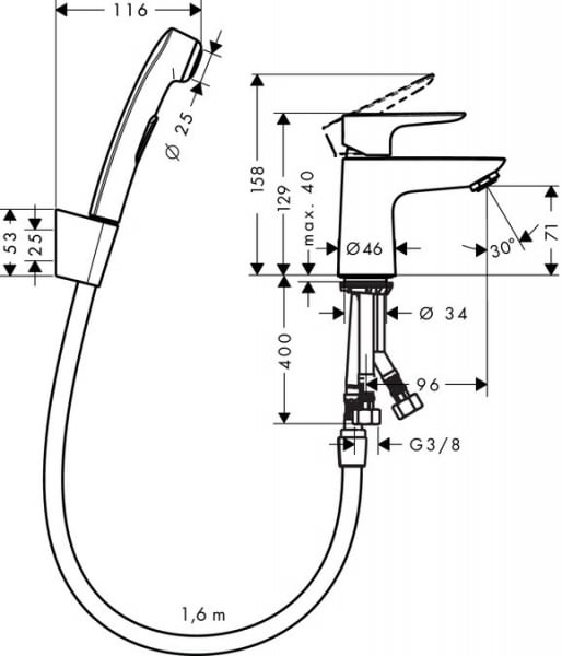 Baterie lavoar Hansgrohe Talis E cu dus tip bideu pentru igiena intima, ventil push-open [2]
