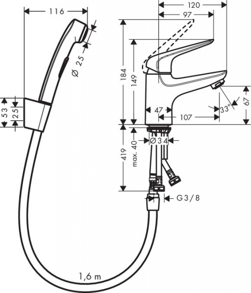 Baterie lavoar Hansgrohe Novus 70 cu dus tip bideu pentru igiena intima, fara ventil [2]