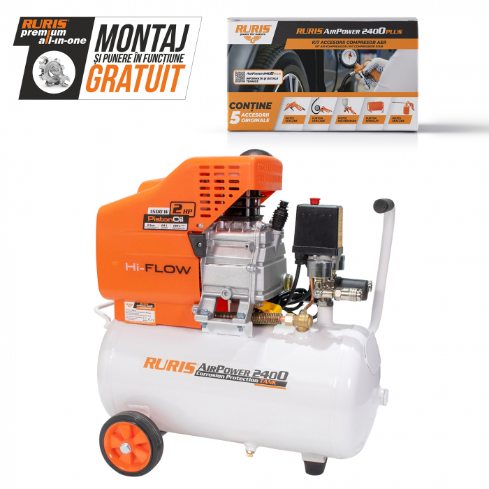 Compresor de aer cu piston Ruris AirPower 2400 Plus, 24 L, 8 bar, 180 L/min, 2 CP, monofazat + Kit accesorii [2]