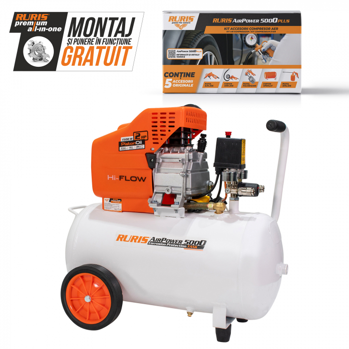 Compresor de aer cu piston Ruris AirPower 5000 Plus, 50 L, 8 bar, 180 L/min, 2 CP, monofazat + Kit accesorii [2]