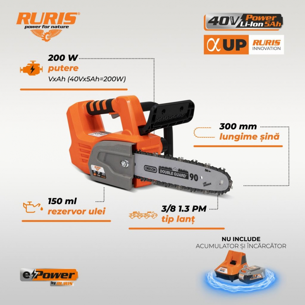 Fierastrau electric cu lant pe acumulator Ruris RM3045e, 40V, 5 Ah, lama 30 cm (fara acumulator si incarcator) [2]
