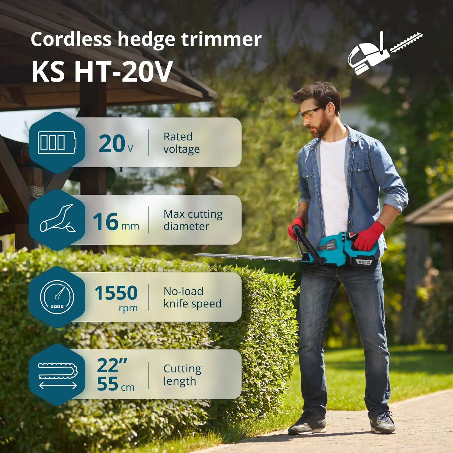 Foarfeca tuns gard viu cu acumulator Konner & Sohnen KS HT-20V, 20V, 55 cm, fara acumulator in set (Solo) [2]