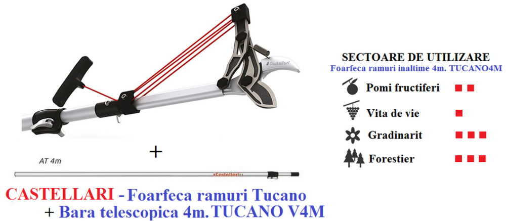 Foarfeca ramuri cu bara telescopica 6 m Castellari Tucano VG6 + AT 6M, lungime 251-650 cm, ramuri max. 45 mm [2]