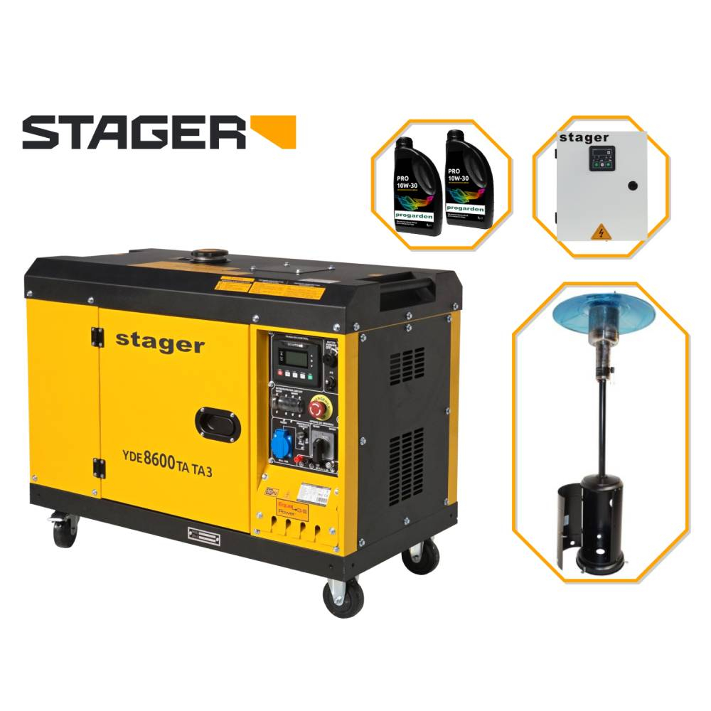 PACHET Generator insonorizat Stager YDE8600TA-TA3 V2, 7.5 kVA, DualPower + Automatizare trifazata YA40063F12STA, 63A + Incalzitor terasa pe gaz Zobo H1207G, 12.5 kW + 2L Ulei motor [1]