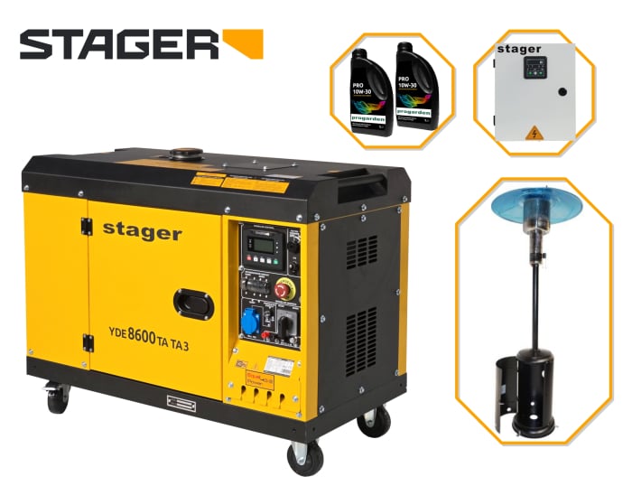 PACHET Generator insonorizat Stager YDE8600TA-TA3 V2, 7.5 kVA, DualPower + Automatizare trifazata YA40063F12STA, 63A + Incalzitor terasa pe gaz Zobo H1207G, 12.5 kW + 2L Ulei motor [1]