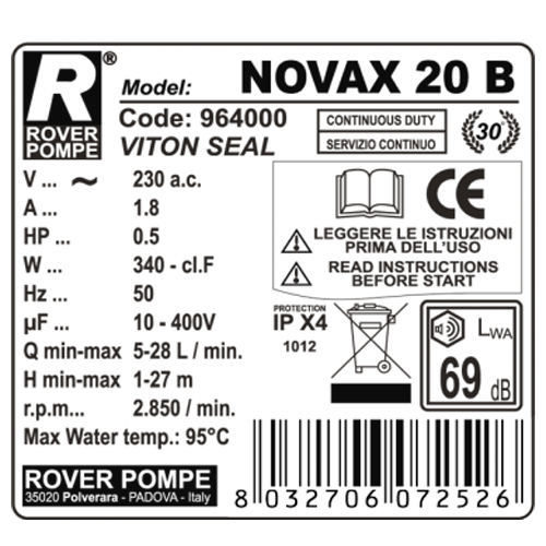 Pompa de transfer lichide fierbinti ROVER NOVAX 20 B, 340 W, 1700 L/h, max. 95°C [2]