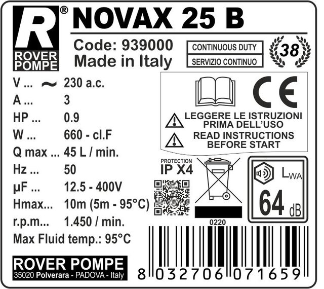 Pompa de transfer lichide fierbinti Rover NOVAX 25 B, 650 W, 2400 L/h, max. 95°C [2]