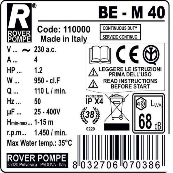 Pompa de transfer lichide ROVER BE-M 40, 800 W, 6500 L/h [2]