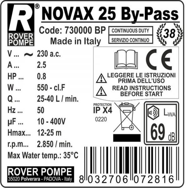 Pompa de transfer lichide ROVER NOVAX 25 By-Pass, 460 W, 1500-2500 L/h [2]