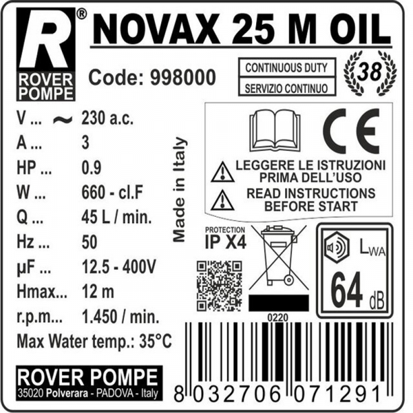 Pompa de transfer ulei vegetal ROVER NOVAX 25 Oil, 660 W, 1800-2500 L/h [2]