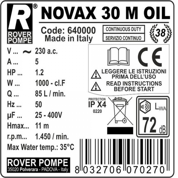 Pompa de transfer ulei vegetal ROVER NOVAX 30 Oil, 1000 W, 3000-5000 L/h [2]