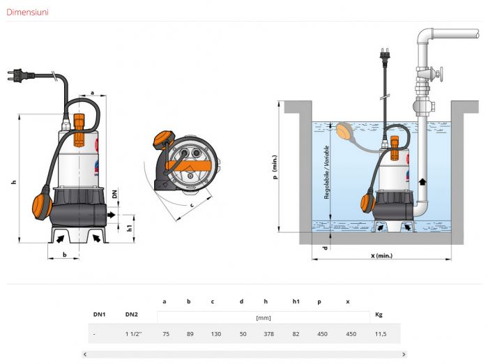 Pompa submersibila vortex Pedrollo ZXm 1A/40, 600 W, 400 L/min, Hmax. 10.5 m, monofazata, cablu alimentare 10 m [3]