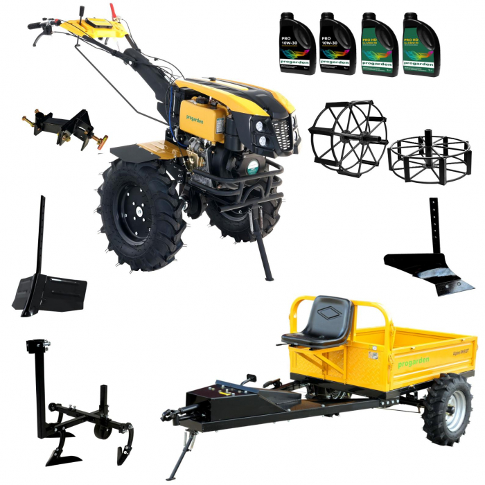 ProGARDEN Pachet Campo 1273 Alpine V2, Motocultor 12CP + PRS20-45 Prasitoare + Remorca RM500T+ Plug bilonat/rarita + Plug reversibil + Adaptor + 2 Roti metalice 540x170 + 4 L ulei [1]