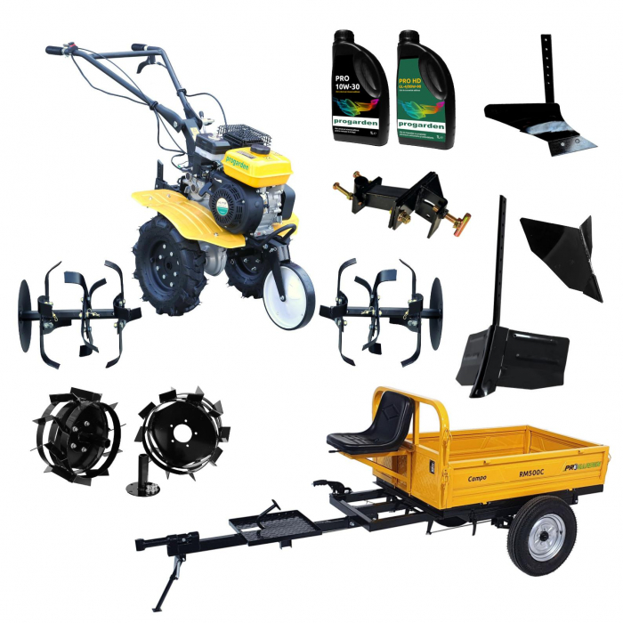 Pachet Motocultor ProGARDEN Campo 703, 7 CP + Remorca RM500C + Plug arat simplu + Plug bilonat fix + Plug bilonat reglabil + Adaptor + Set  roti metalice 350x6 + 1L Ulei motor + 1L Ulei transmisie [1]