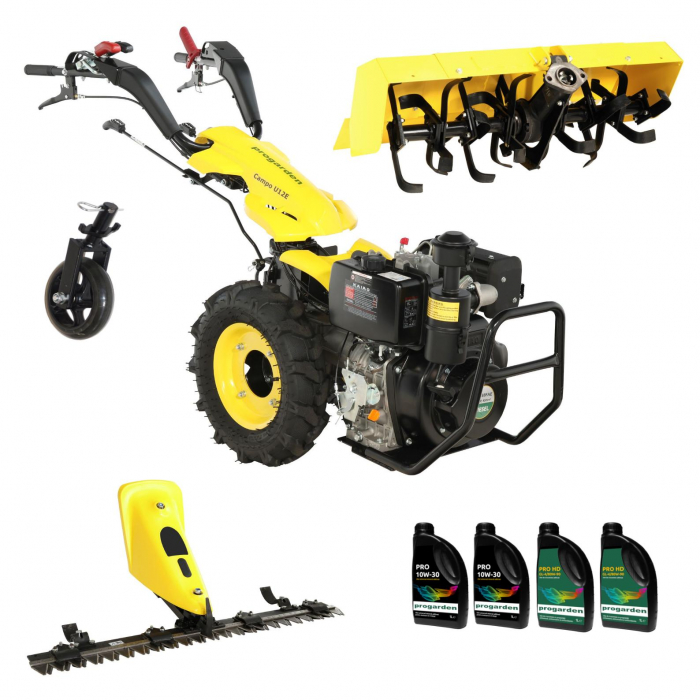 ProGARDEN Pachet Campo U12E Motocultor 12CP +  BC120M Bara cosire 120cm + Roata sustinere + FT90 Freza tractata 90cm + 4L Ulei [1]
