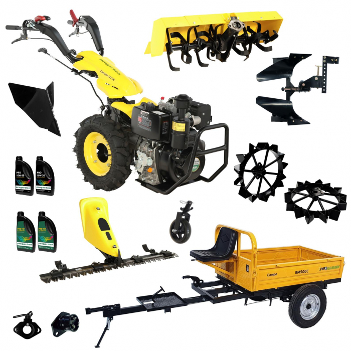ProGARDEN Pachet Campo U12E Motocultor 12CP + RM500C Remorca 500Kg + BC120M Bara cosire + 3xPlug + FT90 Freza tractata + 2xRoti metalice RM47 + 2xCuple + 4L Ulei [1]