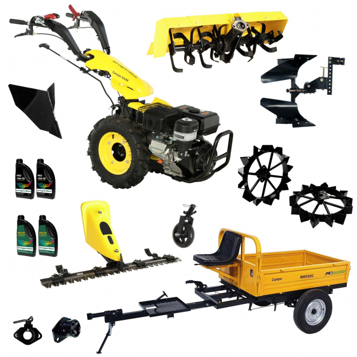 ProGARDEN Pachet Campo U16E Motocultor 14CP + RM500C Remorca 500Kg + BC120M Bara cosire + 3xPlug + FT90 Freza tractata + 2xRoti metalice RM47 + 2xCuple + 4L Ulei [1]