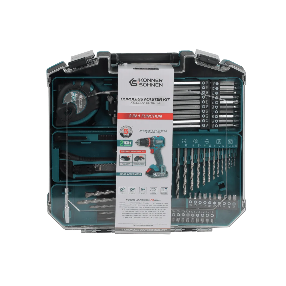 Set Master fara fir Konner & Sohnen KS ID20V-60 KIT 74 - Masina de gaurit si insurubat cu percutie 20 V + Set 74 accesorii [17]