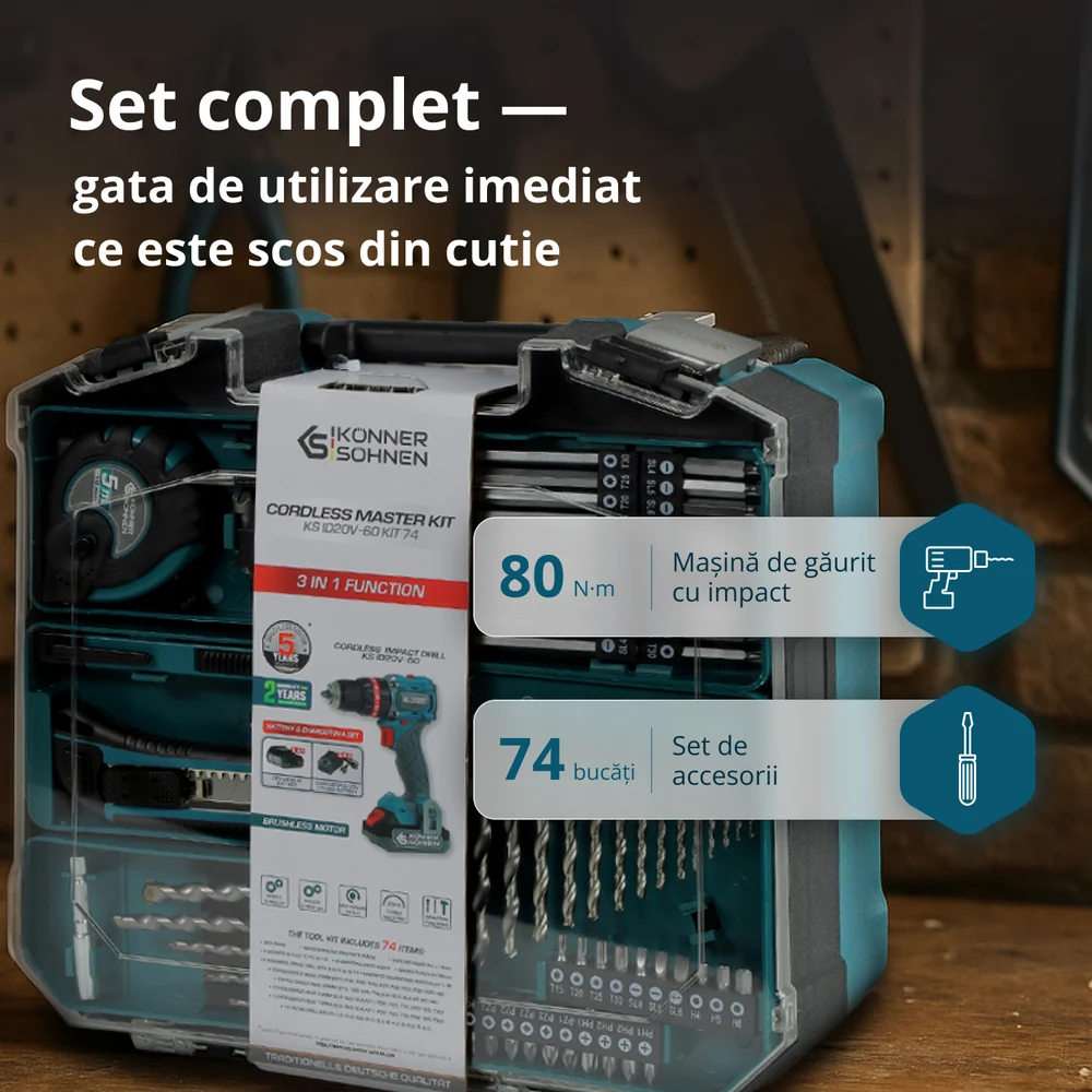 Set Master fara fir Konner & Sohnen KS ID20V-60 KIT 74 - Masina de gaurit si insurubat cu percutie 20 V + Set 74 accesorii [2]