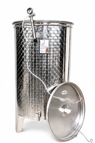 Cisterne inox - Cisterna inox cu capac flotant pneumatic, fund plan, picioare sudate si 1 robinet PREMIUM, 150 L