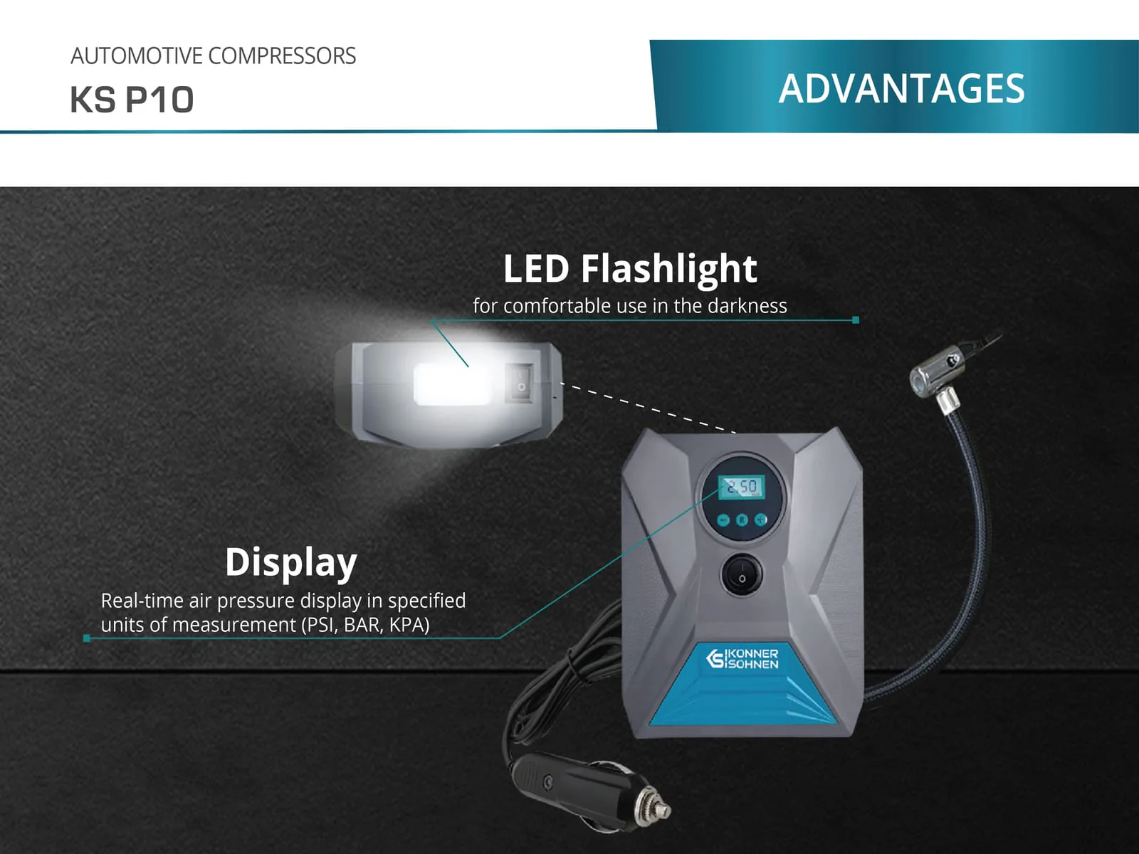Compresor auto Konner & Sohnen KS P10, 12V, 120 W, 25 l/min, max. 150 psi, lampa cu LED [8]
