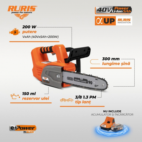 Fierastrau electric cu lant pe acumulator Ruris RM3045e, 40V, 5 Ah, lama 30 cm (fara acumulator si incarcator) [1]