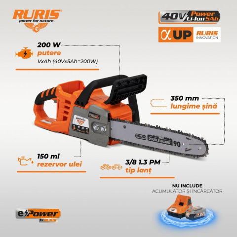 Fierastrau electric cu lant pe acumulator Ruris RM3545e, 40V, 5 Ah, lama 35 cm (fara acumulator si incarcator) [1]