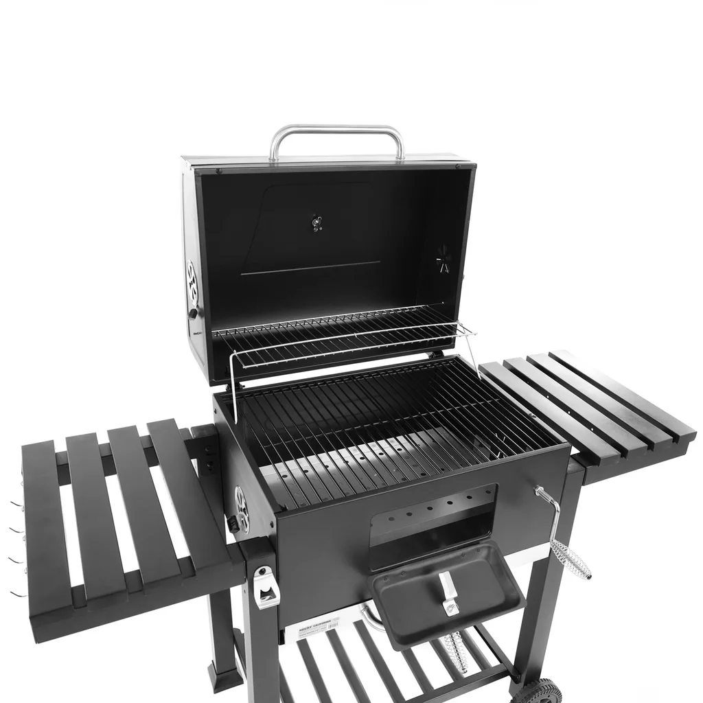 Gratar de gradina, cu carbune HECHT CALIFORNIA, otel, roti transport, 2 rafturi lemn [5]