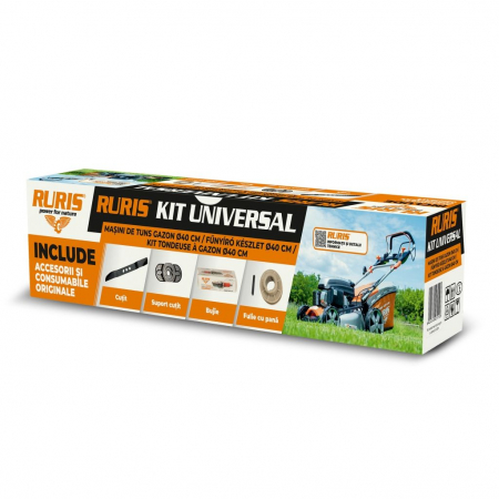 Accesorii masini de tuns iarba - Kit universal Ruris pentru masini de tuns gazon Ø 40 cm (cutit, suport cutit, bujie, fulie cu pana)