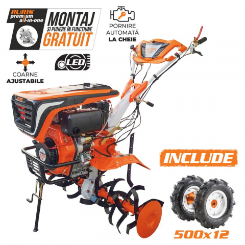 Motocultor Ruris 1001KSD START, 11 CP, diesel, 2+1 viteze, pornire electrica + roti cauciuc 5.00-12"