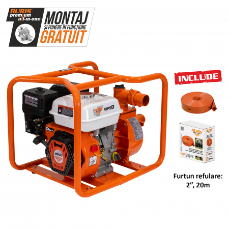 Motopompa apa curata Ruris MP50, 2", 7 CP, benzina, 600 l/min, Hmax. 25 m + furtun refulare 20 m