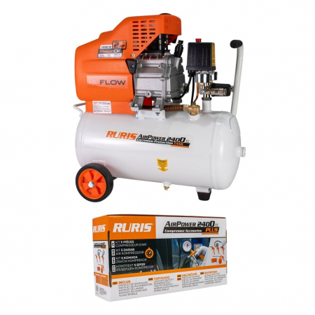 Compresoare - Compresor de aer cu piston Ruris AirPower 2400 Plus, 24 L, 8 bar, 180 L/min, 2 CP, monofazat + Kit accesorii