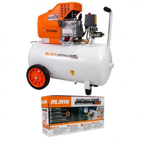 Compresoare - Compresor de aer cu piston Ruris AirPower 5000 Plus, 50 L, 8 bar, 180 L/min, 2 CP, monofazat + Kit accesorii