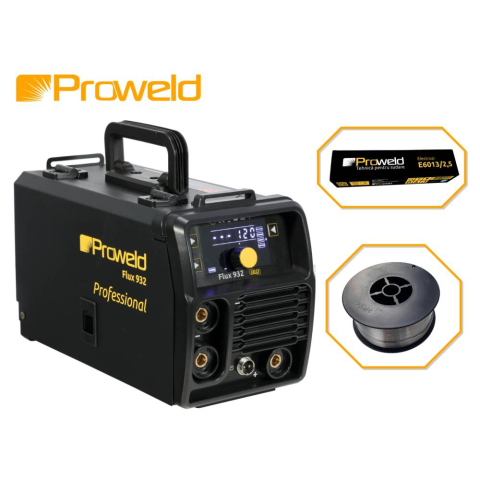 Tehnica sudare - PACHET Invertor sudare Flux, MMA ProWELD Flux 932 + Sarma sudura flux E71T-GS, 0.8 mm, rola 1kg/D100 + Electrozi rutilici E6013, 2.5 mm, 1kg