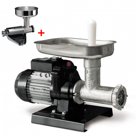 Pachet - Masina de tocat carne electrica nr. 12, Reber 9501 N, 500 W, 50-90 kg/h, vas inox + Accesoriu stors rosii Reber 8700 N, nr. 5, accesorii inox