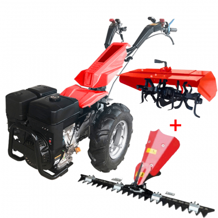 Agricultura - Pachet - Motocultivator Bisonte Agro BTA-MF400, 15 CP, benzina, 3+3 viteze, roti 5.00-10" + Freza de pamant BTA-TI400, 80 cm + Bara de cosire BTA-GC400, 120 cm - Copie
