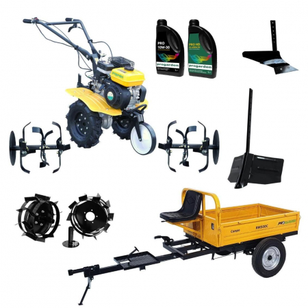 Agricultura - Pachet Motocultor ProGARDEN Campo 703, 7 CP + Remorca RM500C + Plug arat simplu + Plug bilonat reglabil + Set roti metalice 350x6 + 1L Ulei motor + 1L Ulei transmisie