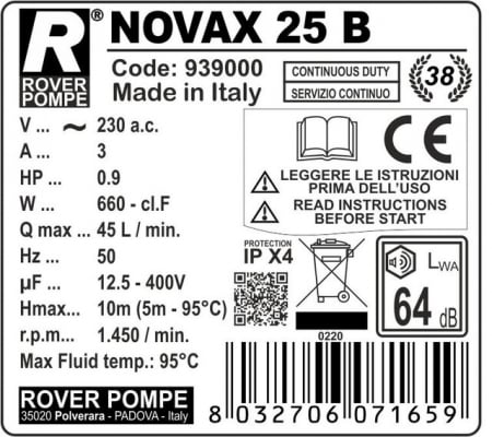 Pompa de transfer lichide fierbinti Rover NOVAX 25 B, 650 W, 2400 L/h, max. 95°C [1]