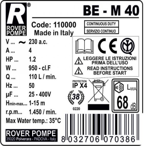 Pompa de transfer lichide ROVER BE-M 40, 800 W, 6500 L/h [1]